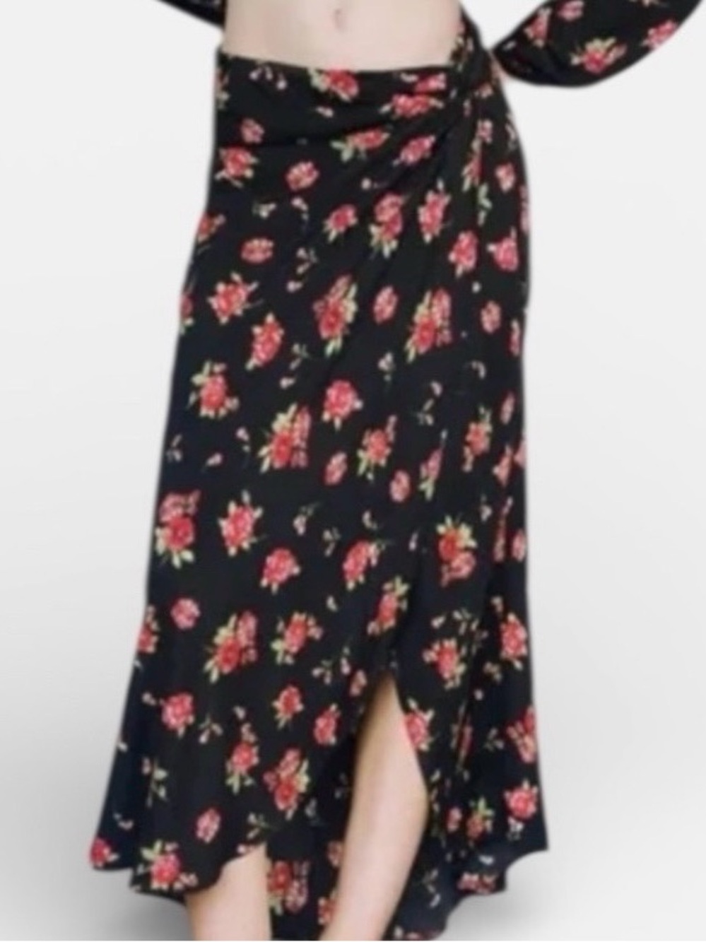 Zara Black Wrap Skirt with Red Floral Print